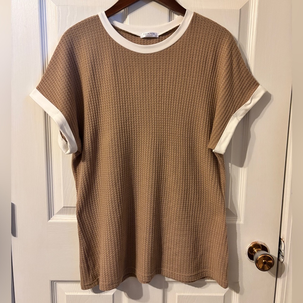 Tan Waffle Knit Tee with cuffed sleeves